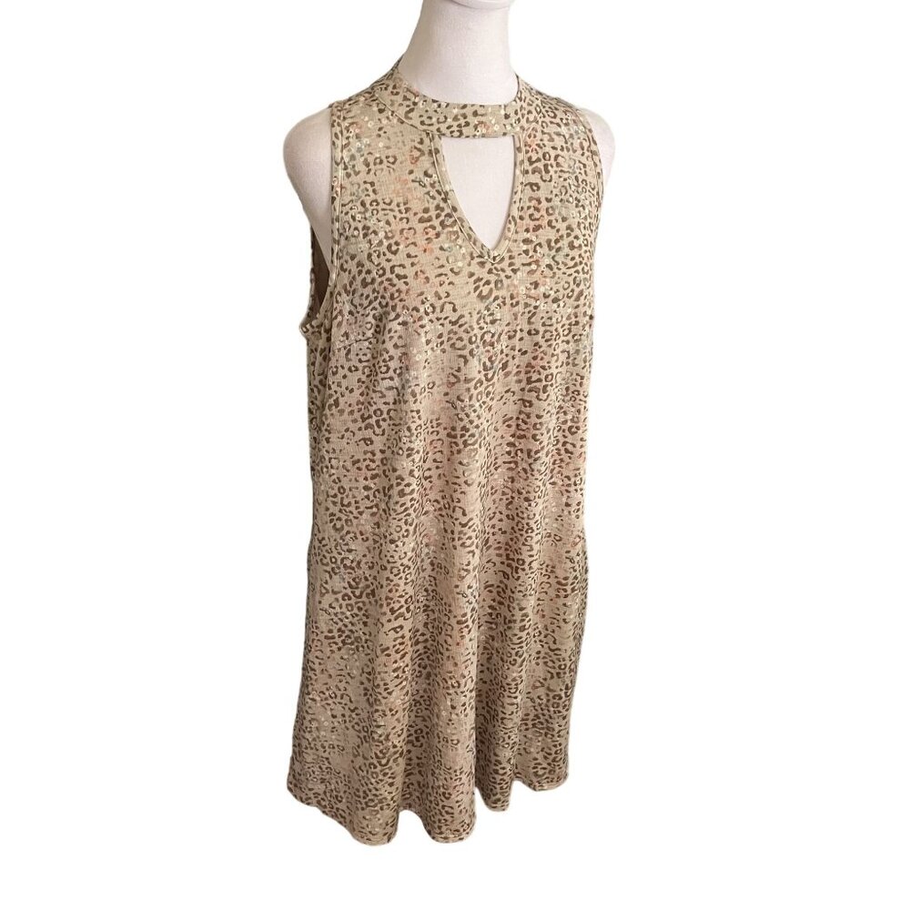Cato Spring Bloom Sleeveless Dress Sandstone Leopard Print Keyhole Neck Size L